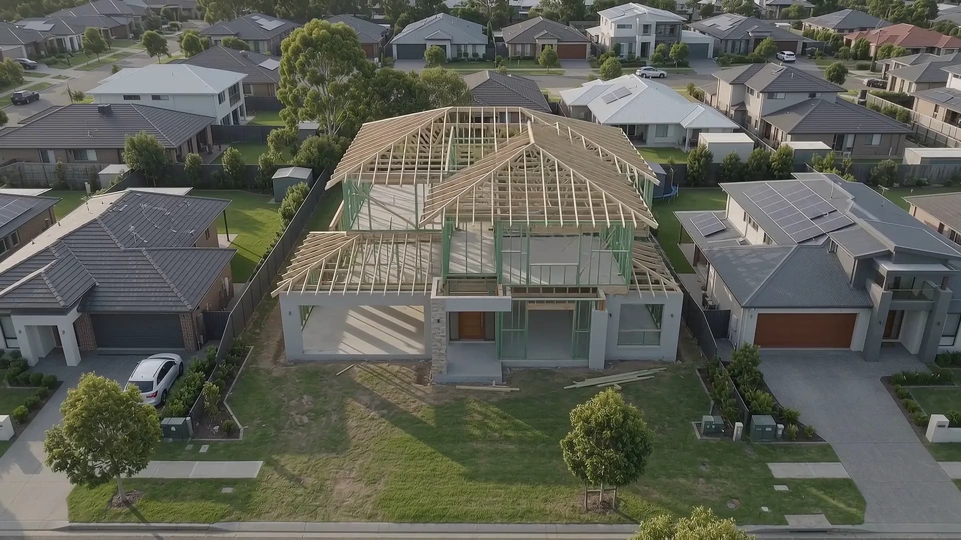 Aerial view of a two-storey home at frame stage, with roof trusses going on